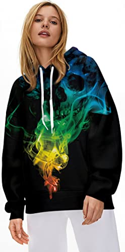 RAISEVERN Mens Skeleton Hoodie Halloween Long Sleeve Fleece Skull Graphic Hoodie Funny Hooded Sweatshirt Women Cool Novelty 3D Printed Colorful Smoke Unisex Drawstring Pullover Hoodies with Pockets