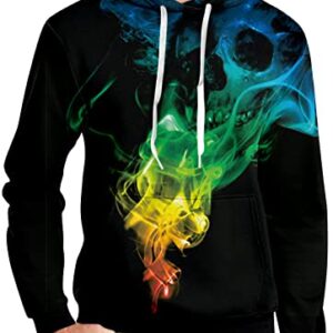 RAISEVERN Mens Skeleton Hoodie Halloween Long Sleeve Fleece Skull Graphic Hoodie Funny Hooded Sweatshirt Women Cool Novelty 3D Printed Colorful Smoke Unisex Drawstring Pullover Hoodies with Pockets