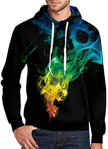 RAISEVERN Mens Skeleton Hoodie Halloween Long Sleeve Fleece Skull Graphic Hoodie Funny Hooded Sweatshirt Women Cool Novelty 3D Printed Colorful Smoke Unisex Drawstring Pullover Hoodies with Pockets