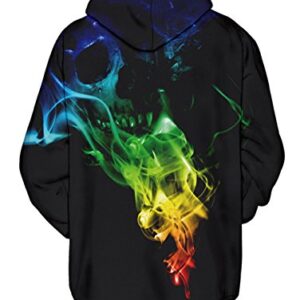 RAISEVERN Mens Skeleton Hoodie Halloween Long Sleeve Fleece Skull Graphic Hoodie Funny Hooded Sweatshirt Women Cool Novelty 3D Printed Colorful Smoke Unisex Drawstring Pullover Hoodies with Pockets