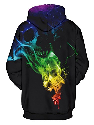 RAISEVERN Mens Skeleton Hoodie Halloween Long Sleeve Fleece Skull Graphic Hoodie Funny Hooded Sweatshirt Women Cool Novelty 3D Printed Colorful Smoke Unisex Drawstring Pullover Hoodies with Pockets