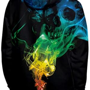 RAISEVERN Mens Skeleton Hoodie Halloween Long Sleeve Fleece Skull Graphic Hoodie Funny Hooded Sweatshirt Women Cool Novelty 3D Printed Colorful Smoke Unisex Drawstring Pullover Hoodies with Pockets