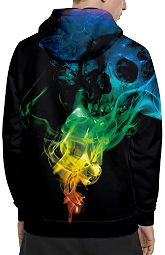 RAISEVERN Mens Skeleton Hoodie Halloween Long Sleeve Fleece Skull Graphic Hoodie Funny Hooded Sweatshirt Women Cool Novelty 3D Printed Colorful Smoke Unisex Drawstring Pullover Hoodies with Pockets