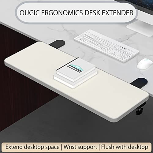 OUGIC Ergonomics Desk Extender Tray (Clearly White, 21.65"x9.5"), Punch-Free Clamp on Foldable Keyboard Drawer Tray, Table Mount Armrest Shelf, Computer Elbow Arm Support