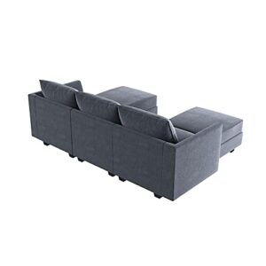 HONBAY Modular Sectional Sofa with Reversible Chaises Sofa with Ottoman U Shaped Sectional Couch for Living Room, Bluish Grey