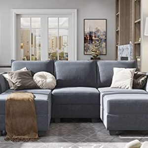 HONBAY Modular Sectional Sofa with Reversible Chaises Sofa with Ottoman U Shaped Sectional Couch for Living Room, Bluish Grey