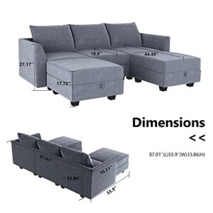HONBAY Modular Sectional Sofa with Reversible Chaises Sofa with Ottoman U Shaped Sectional Couch for Living Room, Bluish Grey