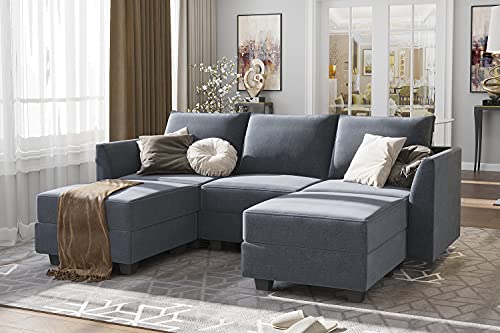 HONBAY Modular Sectional Sofa with Reversible Chaises Sofa with Ottoman U Shaped Sectional Couch for Living Room, Bluish Grey