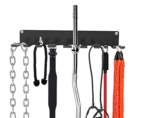 OUUO Home Gym Storage Accessories Equipment Rack for Resistance Bands,Fitness Straps, Jump Ropes,Chains, Curl Bars and Lifting Belts with 10 Prong Hooks (BlackNew)