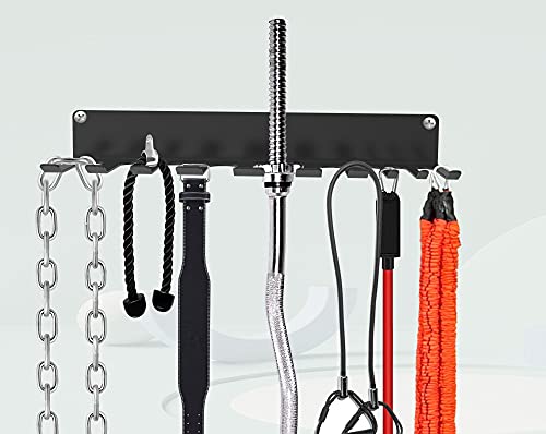 OUUO Home Gym Storage Accessories Equipment Rack for Resistance Bands,Fitness Straps, Jump Ropes,Chains, Curl Bars and Lifting Belts with 10 Prong Hooks (BlackNew)