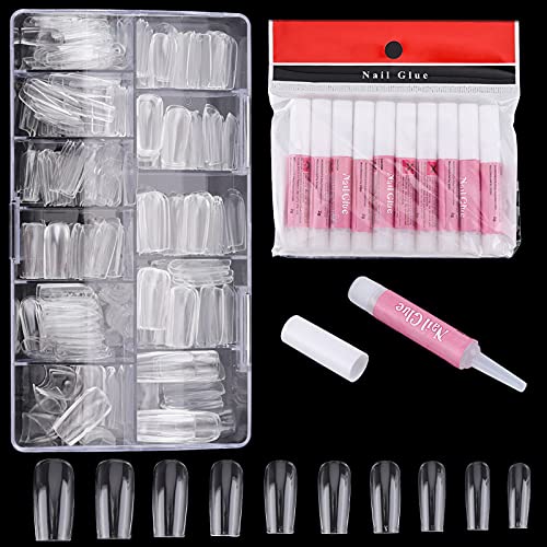 Square Nails - 500Pcs Clear Acrylic Full Cover Nail Tips with 10Pcs Nail Glue for DIY Nail Art