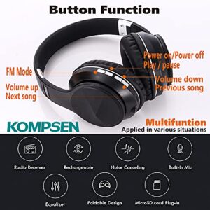 KOMPSEN Adult Noise Cancelling Headphones Wireless Bluetooth Headphones Foldable Over Ear Headphones with Microphone Deep Bass for Cellphone PC Class Game Office Home Travel-Black