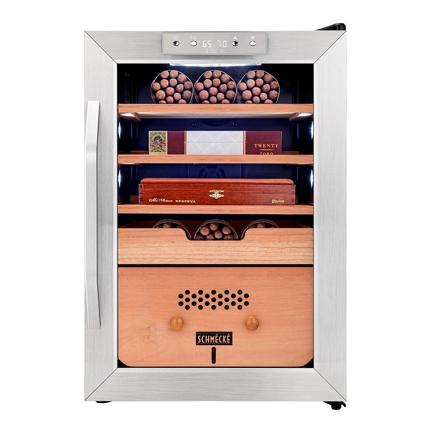 Schmécké 300 Cigar Cooler Humidor with 3 in 1 Precise Cooling, Heating & Humidity Control, Stainless Steel Trim Finish Cabinet, Spanish Cedar Wood Shelves and Drawer with Built in Digital Hygrometer