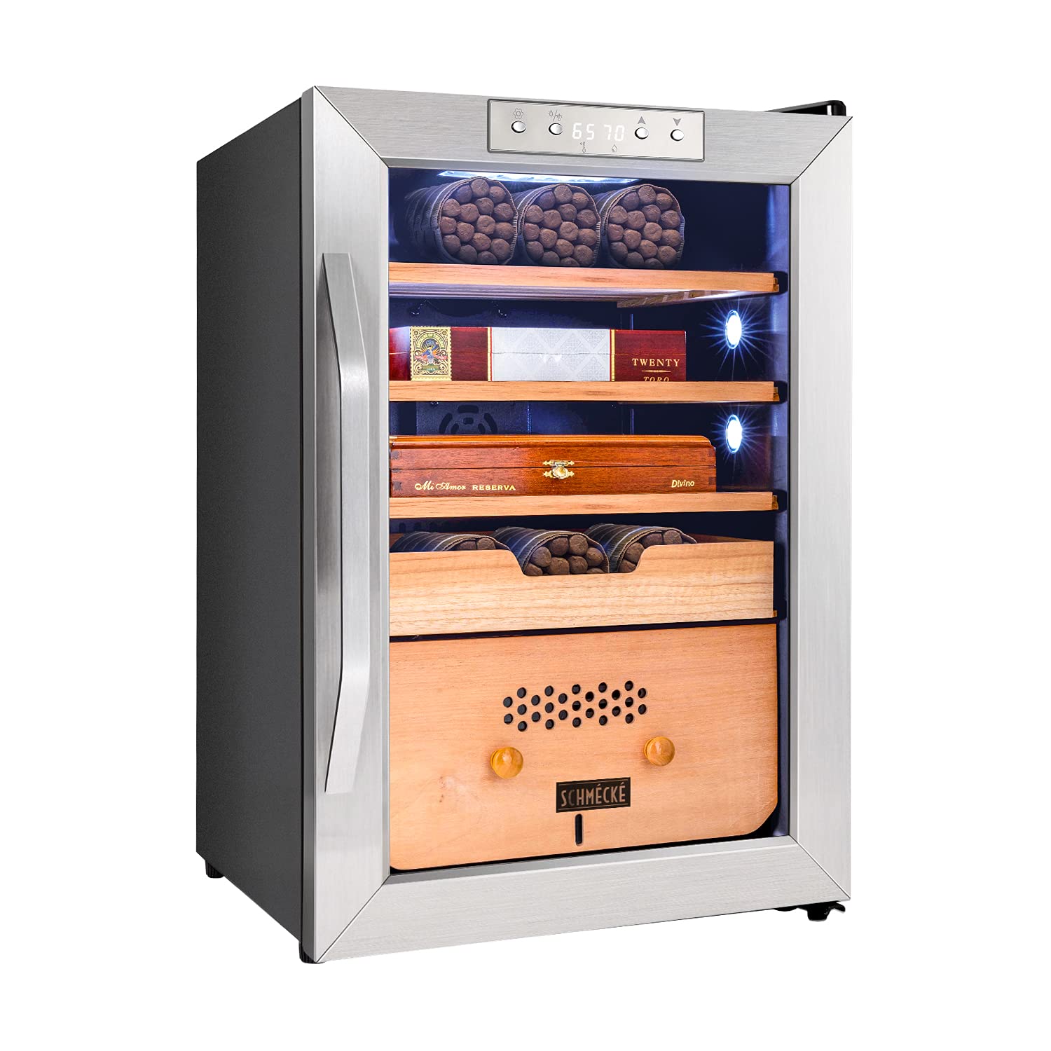 Schmécké 300 Cigar Cooler Humidor with 3 in 1 Precise Cooling, Heating & Humidity Control, Stainless Steel Trim Finish Cabinet, Spanish Cedar Wood Shelves and Drawer with Built in Digital Hygrometer