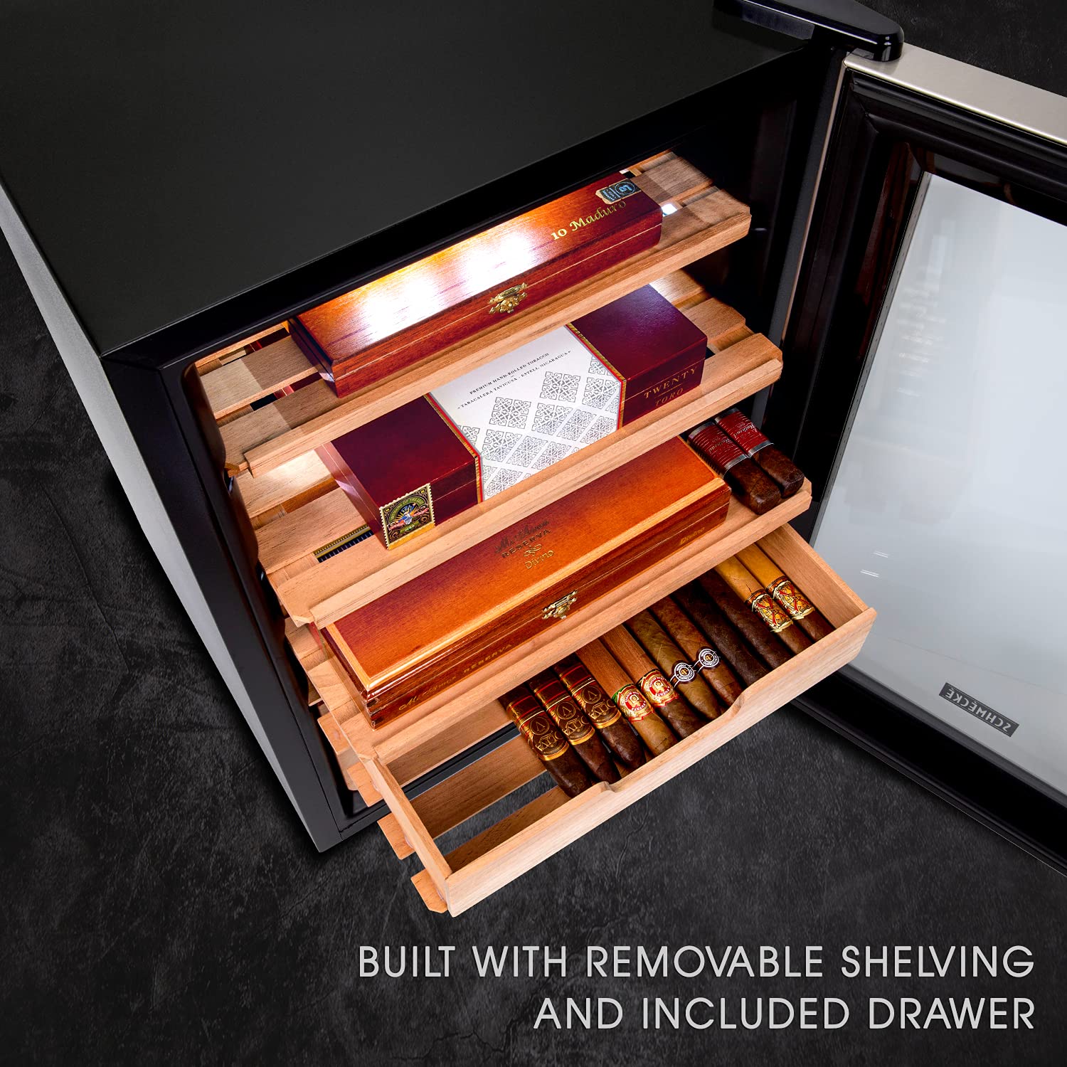 Schmécké 300 Cigar Cooler Humidor with 3 in 1 Precise Cooling, Heating & Humidity Control, Stainless Steel Trim Finish Cabinet, Spanish Cedar Wood Shelves and Drawer with Built in Digital Hygrometer