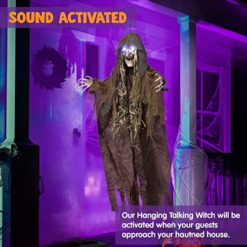 63” Halloween Hanging Witch Decoration, Life Size Hanging Witch with Sound Activation, Light-up Eyes and Creepy Sound for Halloween Haunted House Outdoor/Indoor Décor