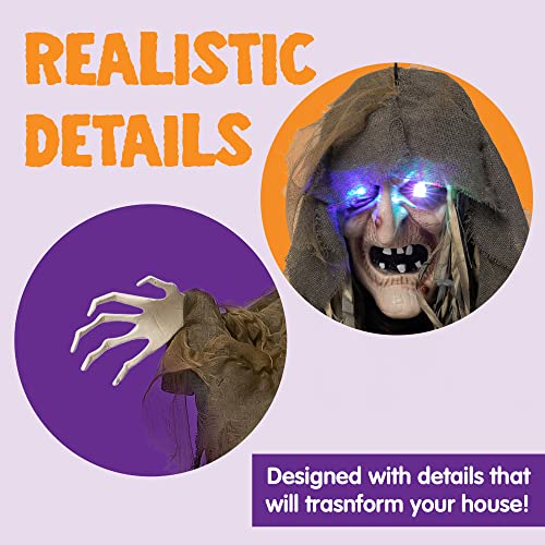 63” Halloween Hanging Witch Decoration, Life Size Hanging Witch with Sound Activation, Light-up Eyes and Creepy Sound for Halloween Haunted House Outdoor/Indoor Décor