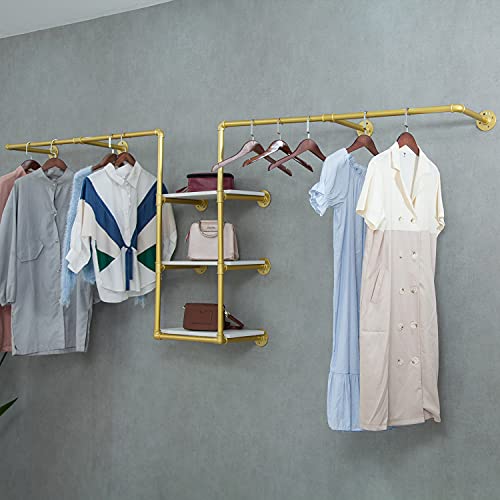 CIVANA Industrial Pipe Clothing Rack Wall Mounted Garment Hanging Bar Retail Display Rack with 3 Tiers Wood Vintage Multi-Purpose Clothes Storage Hanger(Glod, 110'' L)