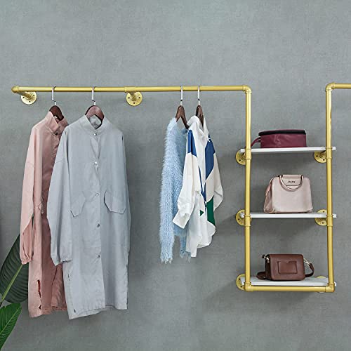 CIVANA Industrial Pipe Clothing Rack Wall Mounted Garment Hanging Bar Retail Display Rack with 3 Tiers Wood Vintage Multi-Purpose Clothes Storage Hanger(Glod, 110'' L)