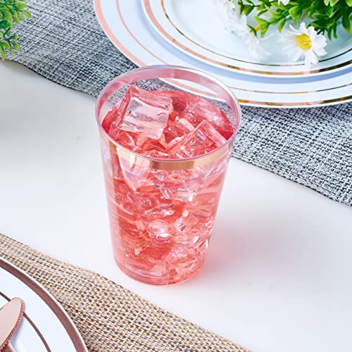 JOLLY CHEF 100 Pack Rose Gold Plastic Cups, 12 oz Clear Plastic Cups Tumblers, Elegant Rose Gold Rim Disposable Plastic Cups Perfect for Party Wedding