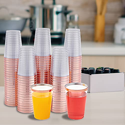 JOLLY CHEF 100 Pack Rose Gold Plastic Cups, 12 oz Clear Plastic Cups Tumblers, Elegant Rose Gold Rim Disposable Plastic Cups Perfect for Party Wedding