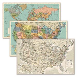 3 pack - world & usa map chart [tan/color] + antique style usa map (laminated, 18” x 29”)