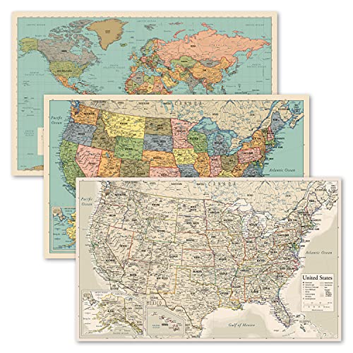 3 Pack - World & USA Map Chart [Tan/Color] + Antique Style USA Map (Laminated, 18” x 29”)