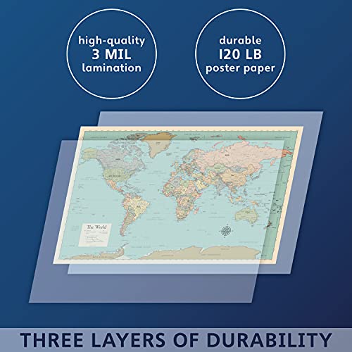 3 Pack - World & USA Map Chart [Tan/Color] + Antique Style USA Map (Laminated, 18” x 29”)