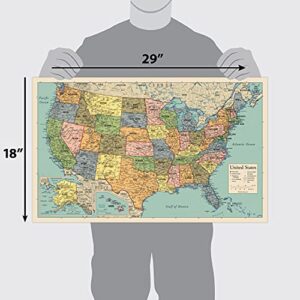 3 Pack - World & USA Map Chart [Tan/Color] + Antique Style USA Map (Laminated, 18” x 29”)