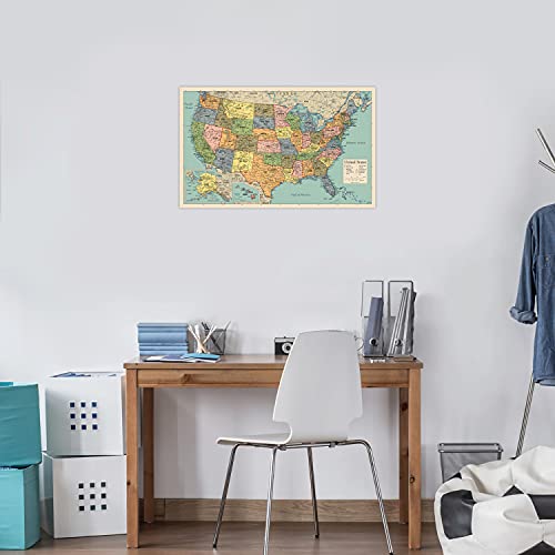 USA Map Poster - United States Map Chart [Tan/Color] (Laminated, 18” x 29”)