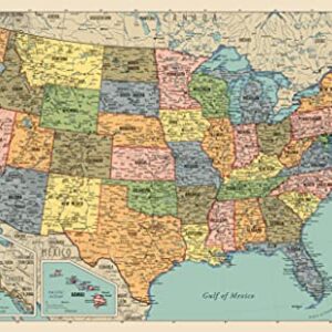 USA Map Poster - United States Map Chart [Tan/Color] (Laminated, 18” x 29”)