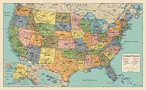 USA Map Poster - United States Map Chart [Tan/Color] (Laminated, 18” x 29”)