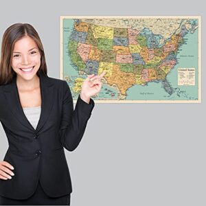 USA Map Poster - United States Map Chart [Tan/Color] (Laminated, 18” x 29”)