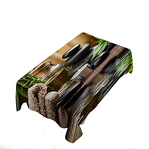 WONDERTIFY Zen Table Cloth Basalt Stones Spa Oil Wood Green Bamboo Black Pebble Water Resistance Microfiber Tablecloth, Decorative Table Cover 52X70 Inch