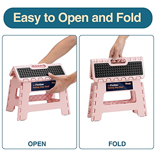 Flottian 9" Folding Step Stool for Adults and Kids Holds Up to 300 lbs,Non-Slip Folding Stools with Portable Handle, Compact Plastic Foldable Step Stool for Bathroom,Bedroom, Kitchen Sakura Pink