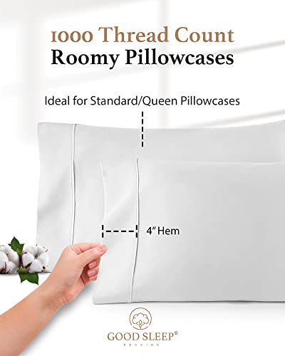 1000 Thread Count 100% Egyptian Cotton Pillow Cases, White Standard Pillowcase Set of 4 Long-Staple 100% Cotton Pillow Case for Sleeping Soft & Silky Sateen Weave Bed Pillow Cover Hotel Pillowcases