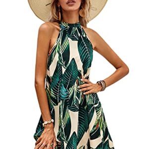 Floerns Women's Summer Floral Print Sleeveless Halter Neck Beach Party Dress Green Tropical L