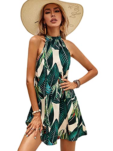 Floerns Women's Summer Floral Print Sleeveless Halter Neck Beach Party Dress Green Tropical L