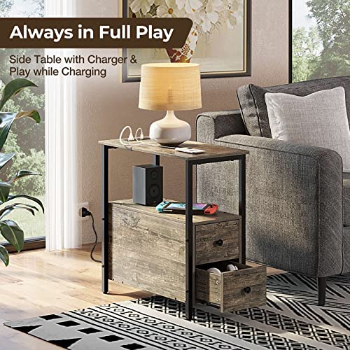 Rolanstar End Table with Charging Station, Narrow Side Table with 2 Wooden Drawers, USB Ports and Power Outlets, Nightstand Sofa Table for Small Spaces, Living Room, Bedroom, Gray