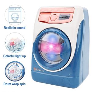 deAO Washing Machine Toy for Kids Dollhouse Furniture Pretend Play Household Appliance Realistic Sounds with Lights Laundry Play Set with Rotatable Roller for Children Birthday Present…