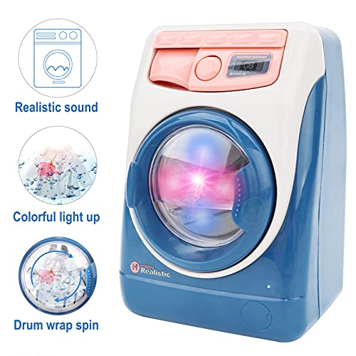 deAO Washing Machine Toy for Kids Dollhouse Furniture Pretend Play Household Appliance Realistic Sounds with Lights Laundry Play Set with Rotatable Roller for Children Birthday Present…