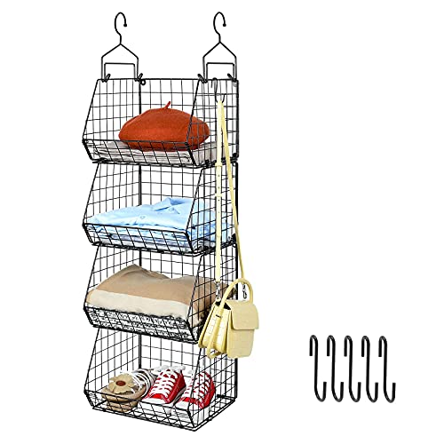 X-cosrack 4 Tier Foldable Closet Organizer, Clothes Shelves with 5 S Hooks, Wall Mount&Cabinet Wire Storage Basket Bins, for Clothing Sweaters Shoes Handbags Clutches Accessories Patent Design