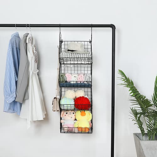 X-cosrack 4 Tier Foldable Closet Organizer, Clothes Shelves with 5 S Hooks, Wall Mount&Cabinet Wire Storage Basket Bins, for Clothing Sweaters Shoes Handbags Clutches Accessories Patent Design