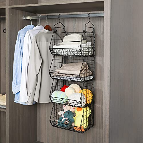 X-cosrack 4 Tier Foldable Closet Organizer, Clothes Shelves with 5 S Hooks, Wall Mount&Cabinet Wire Storage Basket Bins, for Clothing Sweaters Shoes Handbags Clutches Accessories Patent Design