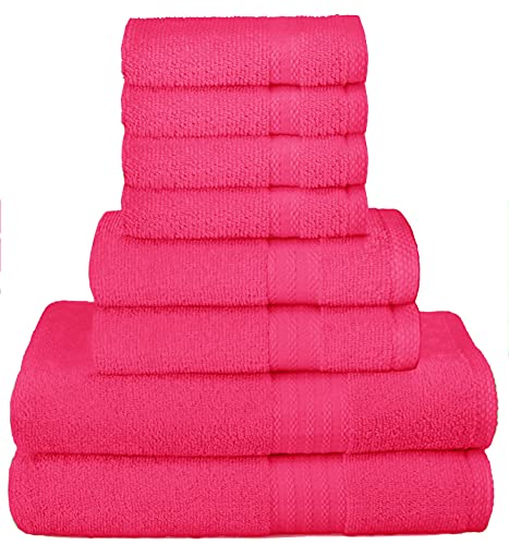 GLAMBURG Ultra Soft 8-Piece Towel Set - 100% Pure Ringspun Cotton, Contains 2 Oversized Bath Towels 27x54, 2 Hand Towels 16x28, 4 Wash Cloths 13x13 - Ideal for Everyday use, Hotel & Spa - Hot Pink