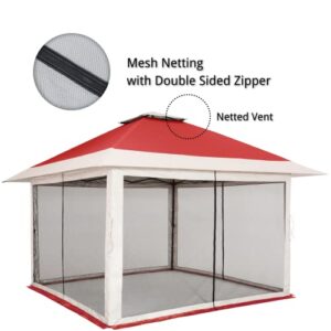 Suntime 13x13 Instant Pop Up Gazebo Canopy Tent Shelter with Solar LED Lights, Zippered Mesh Mosquito Netting, Wheeled Roller Carry Bag, Bonus Weight Sandbags, Stakes, Ropes - Red