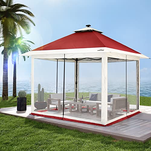 Suntime 13x13 Instant Pop Up Gazebo Canopy Tent Shelter with Solar LED Lights, Zippered Mesh Mosquito Netting, Wheeled Roller Carry Bag, Bonus Weight Sandbags, Stakes, Ropes - Red