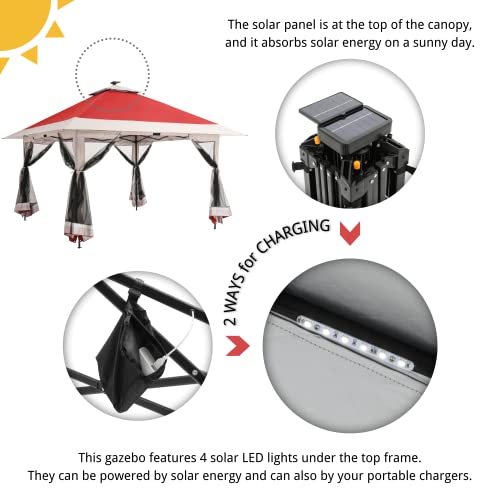 Suntime 13x13 Instant Pop Up Gazebo Canopy Tent Shelter with Solar LED Lights, Zippered Mesh Mosquito Netting, Wheeled Roller Carry Bag, Bonus Weight Sandbags, Stakes, Ropes - Red