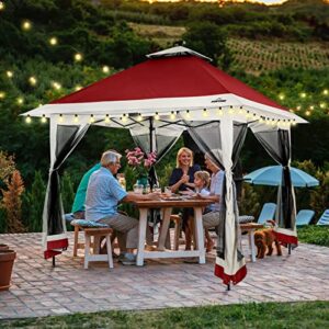 Suntime 13x13 Instant Pop Up Gazebo Canopy Tent Shelter with Solar LED Lights, Zippered Mesh Mosquito Netting, Wheeled Roller Carry Bag, Bonus Weight Sandbags, Stakes, Ropes - Red