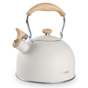 tea kettle, belanko 85 oz / 2.5 liter whistling tea kettle pots for stove top food grade stainless steel with wood pattern folding handle, loud whistle for tea, coffee, milk - milk white